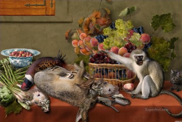  Game Painting - Still Life With Fruit Game Vegetables and Live Monkey Squirrel and a Cat